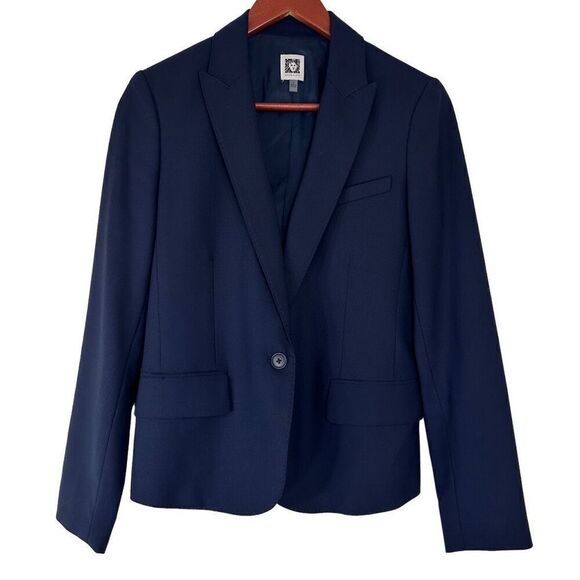 Anne Klein Wool Blend Navy Blue Blazer Womens 8 Preppy Modern Timeless Career - Picture 1 of 9